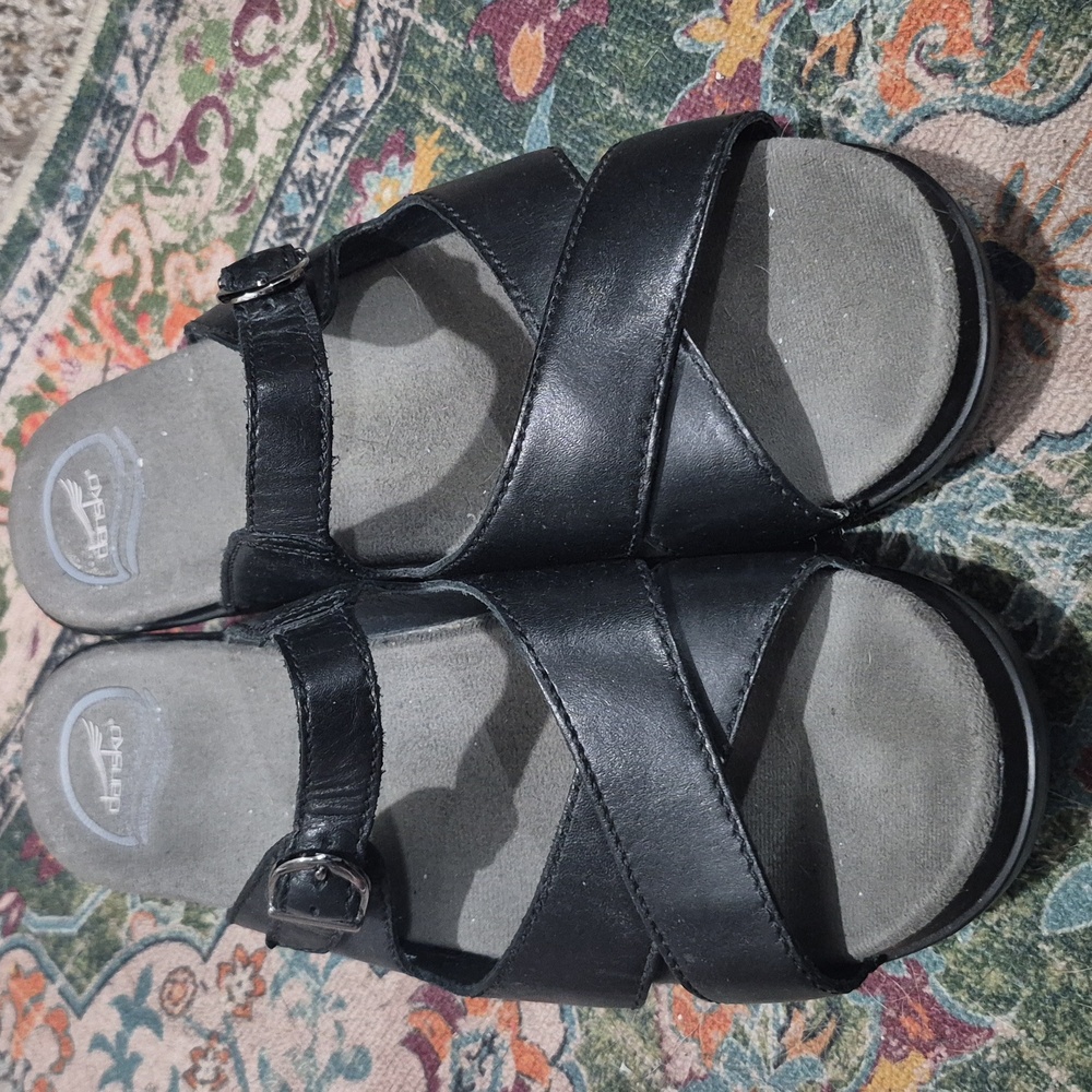 Dansko Black Leather Wedge Sandals Sz 41 US 10.5-11 Comfort Slip‎ On Buckle Sela